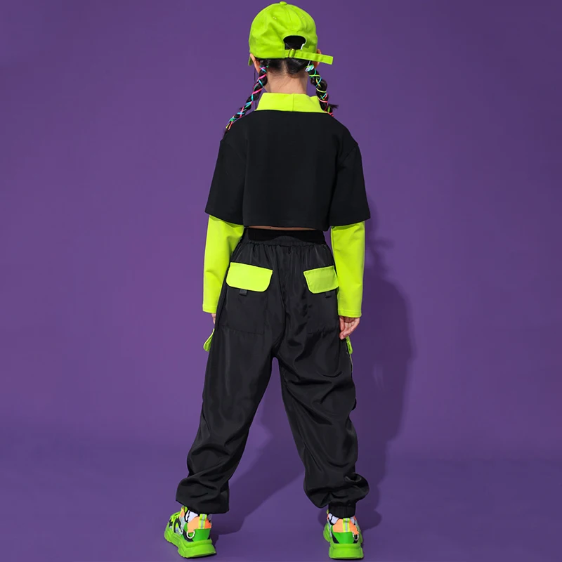 

Hip Hop Clothing Girls Green Long Sleeves Black Tops Hip Hop Pants Ballroom Dance Clothes Kids Street Dance Stage Costume
