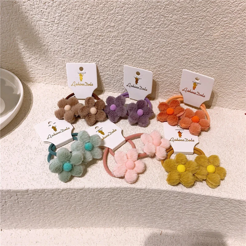

1 Pair New Sweet Girl Kids Ponytail Hair Accessories Fashion Korean Children's Cute Colorful Plush Flower Rubber Band Hair Rope
