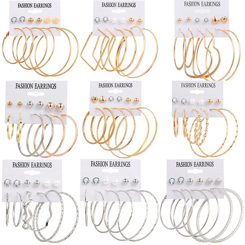 

2021 Fashion Trendy Gold Silver Color Heart Hoop Earrings Set for Women Girls Geometric Spiral Circle Metal Alloy Earrings Gift