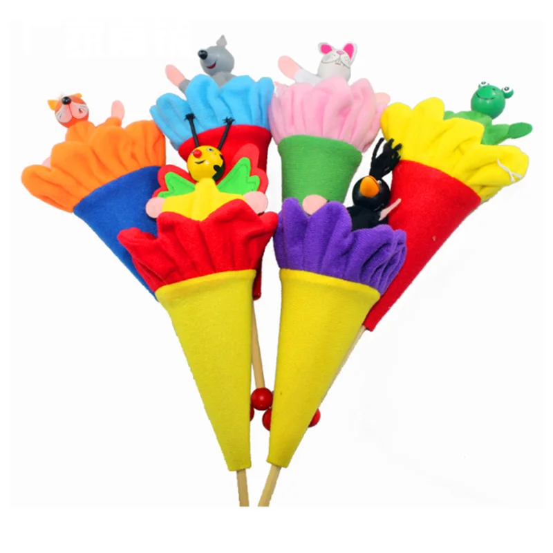 6PCs Wooden Toys Cartoon Animals Pop Up Puppets Telescopic Stick Rods Doll Kids Children Baby Funny | Игрушки и хобби