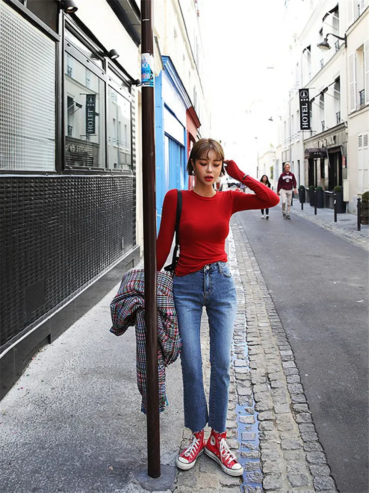 

Real Shot 2021 Spring New Solid Round Neck Versatile 9-Color Long Sleeve Top