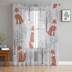 Cartoon Fox Branches Forest Snow Sheer Curtains for Living Room Bedroom Kitchen Chiffon Tulle Curtains Home Hotel Coffee Decor