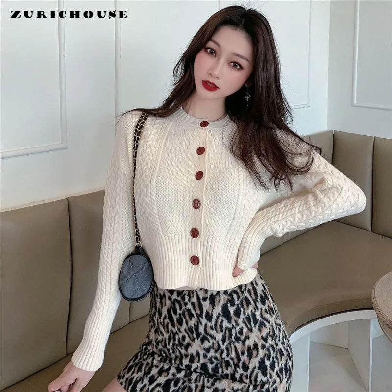 

ZURICHOUSE Spring Cardigan Sweater Coat Women Long Sleeve O-neck Single-breasted Solid Color Retro Simple Knit Outerwear