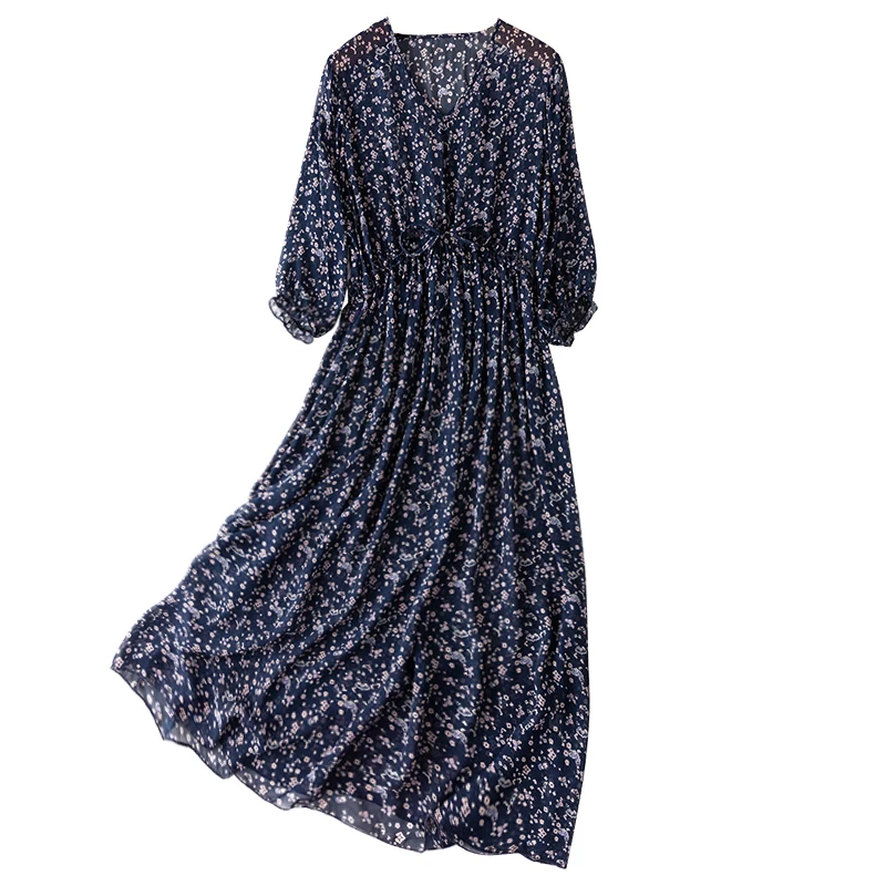 

SHUCHAN Vestiti Donna Estate In Seta 100% Natural Silk Mid-Calf A-LINE Bohemian V-Neck Summer Resses with Flowers