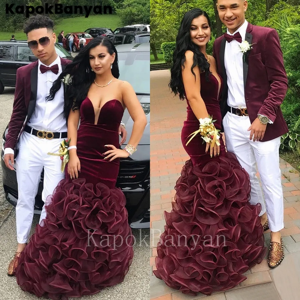 

Burgundy Velour Sweetheart Zipper Ruffle Organza Mermaid Prom Dress Floor Length Party Gown