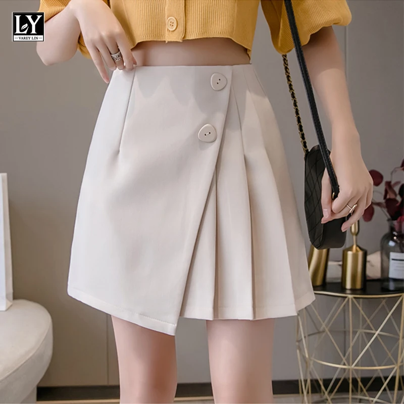 

LY VAREY LIN New Summer Women Solid Color Ruffles Button Ins Pleated Short Skirts High Waist Asymmetrical Mini Skirt Female