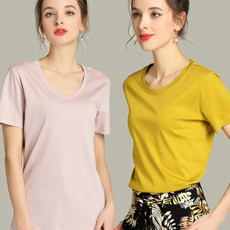 

Женская хлопковая футболка с коротким рукавом, однотонная Базовая свободная футболка из мерсеризованного хлопка с V-образным вырезом в анг...
