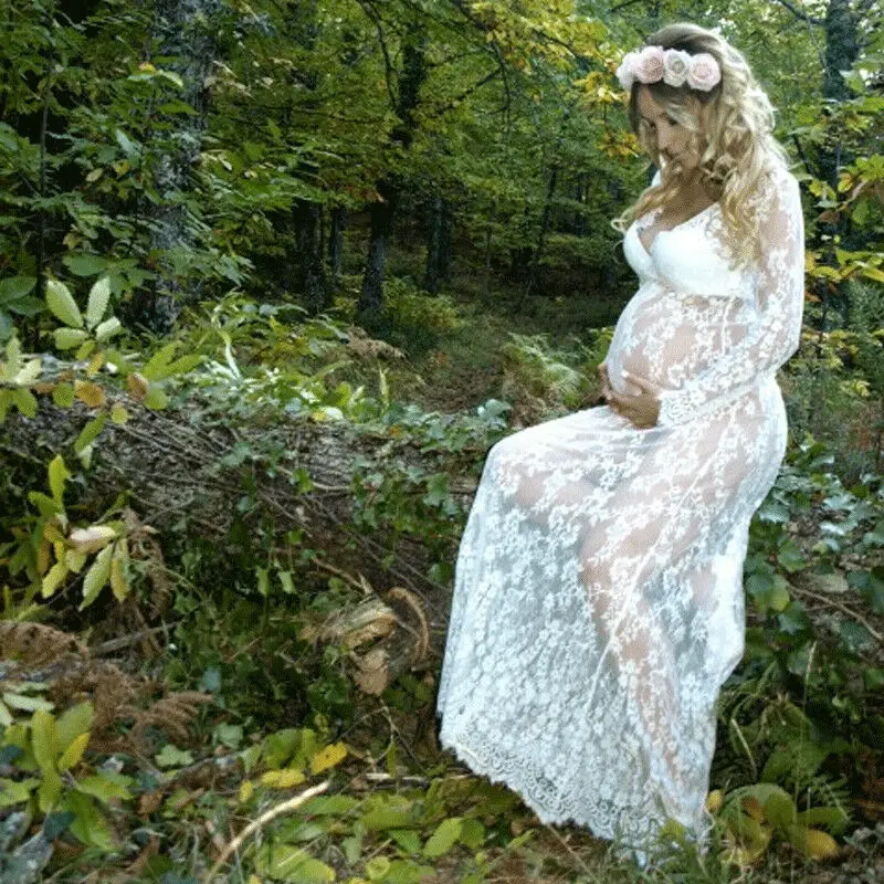 

New Pregnant Women Long Sleeve Lace Long Maxi Dress Maternity Photography Props