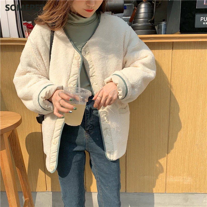 Winter Solid Padded Lambswool Patchwork Women Coat Cotton Warm Loose Casual  Jacket Female Outwear Elegant Tops
