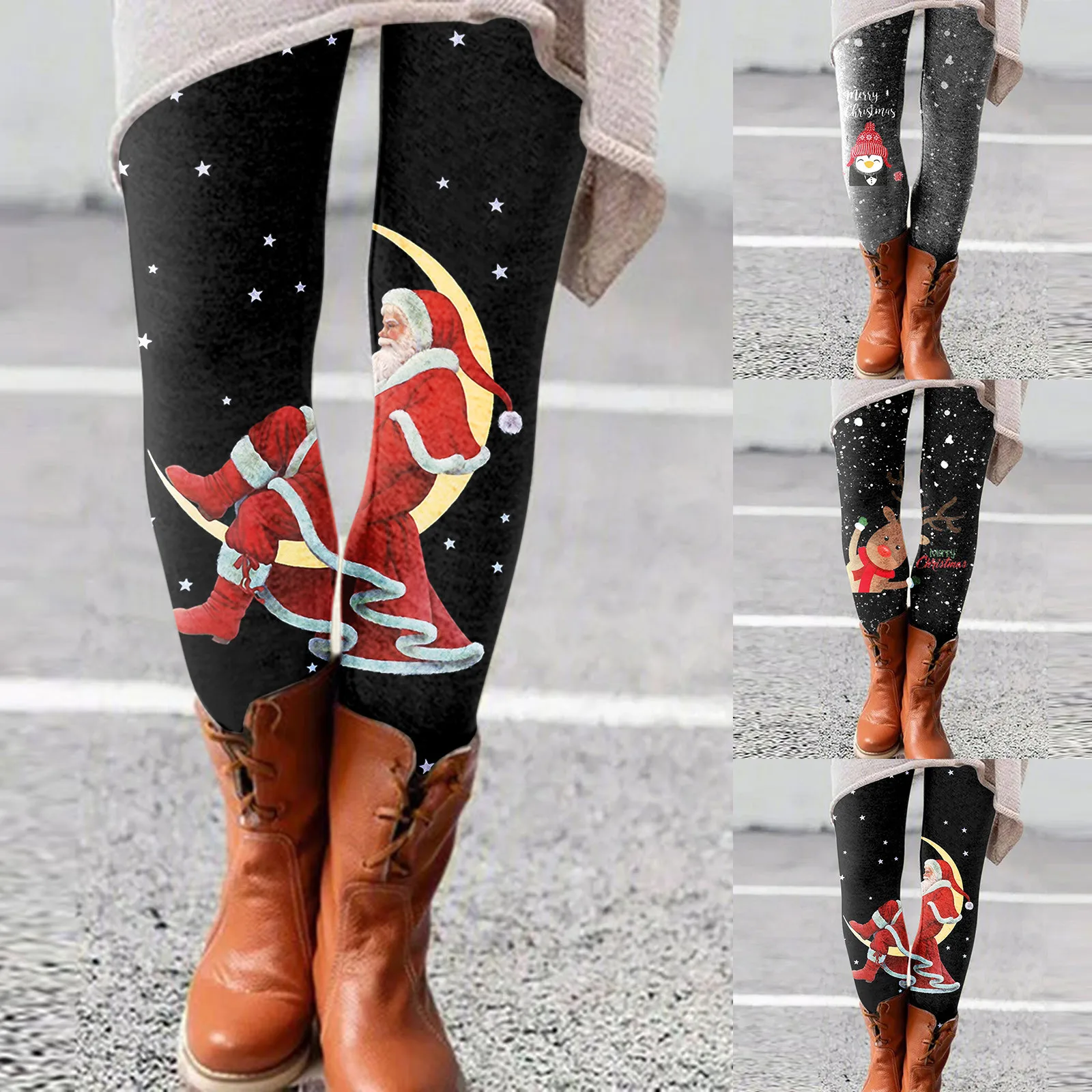 

Casual Women All-match Leggings Boot Long Slim Pants Printed Christmas Elastic Pants