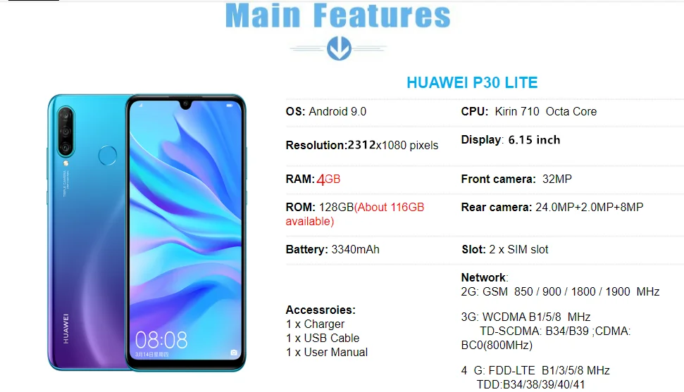 Глобальная версия HUAWEI P30 Lite Nova 4e смартфон 4G 128G 6,1" полноэкранный Android 9,0 Kirin 710 Восьмиядерный 4* камеры