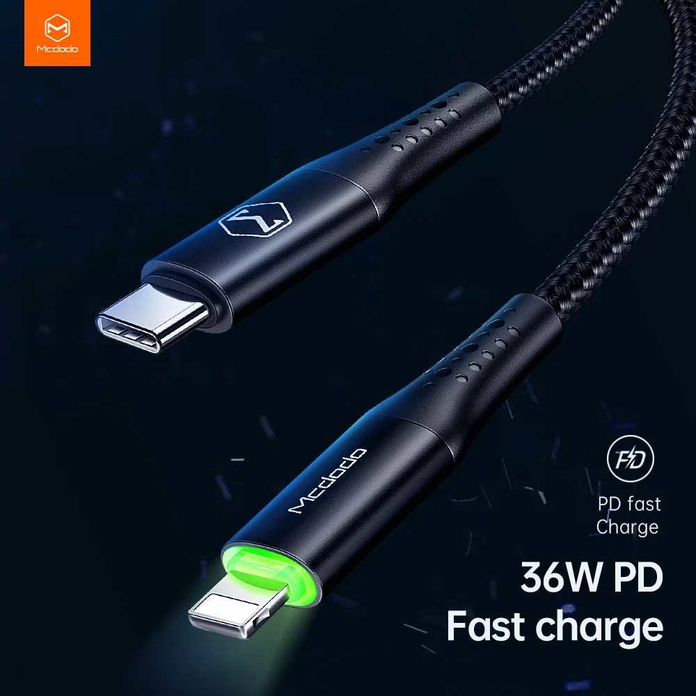 MCDODO USB Type C Lightning 36W кабель со светодиодной подсветкой для iPhone 11 Pro Max Xs Plus Быстрая