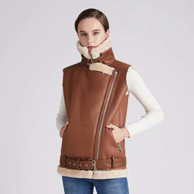 Trendy New Winter Women Vest Streetwear Warm Faux Leather Fur Zipper Autumn Sheepskin Coat with Belt Sleeveless Outwear