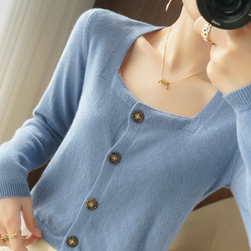 

2021 Spring and Autumn New Women's V-neck Cardigan Short Oversized Female Top Jacket 100% Pure Wool Sweater
