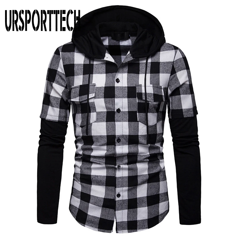 URSPORTTECH Men's Shirt Spring Autumn Quality Plaid Shirts Hooded Outwear Long Sleeve Casual Male Chemise Homme EU Size S-XXL