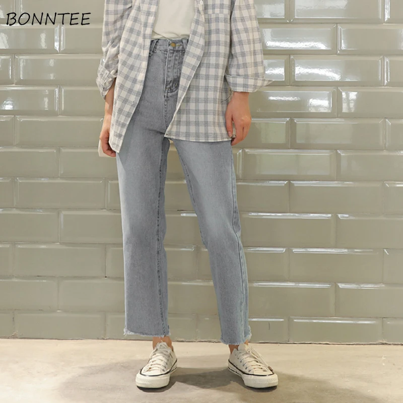 Женские джинсы, элегантные прямые универсальные брюки до щиколотки в Корейском стиле для девушек