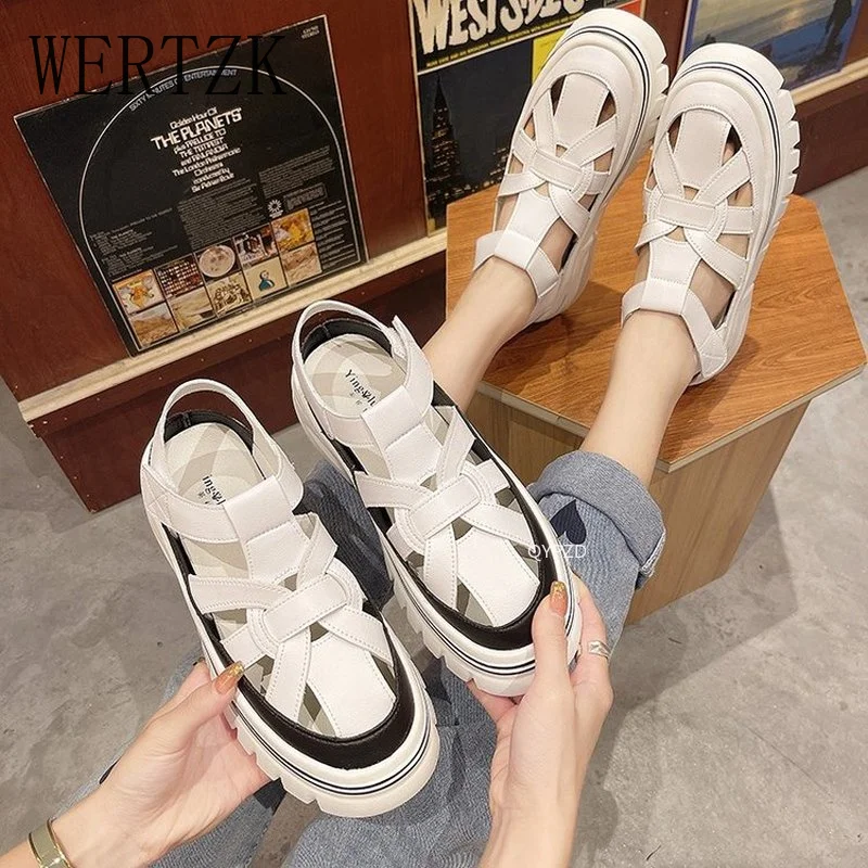 

Summer Women Gladiator Platform Sandals Fashion Convenient Velcro 2021 Outdoor Sports Toe Cap New Beach Hollow Out Woman Shoes