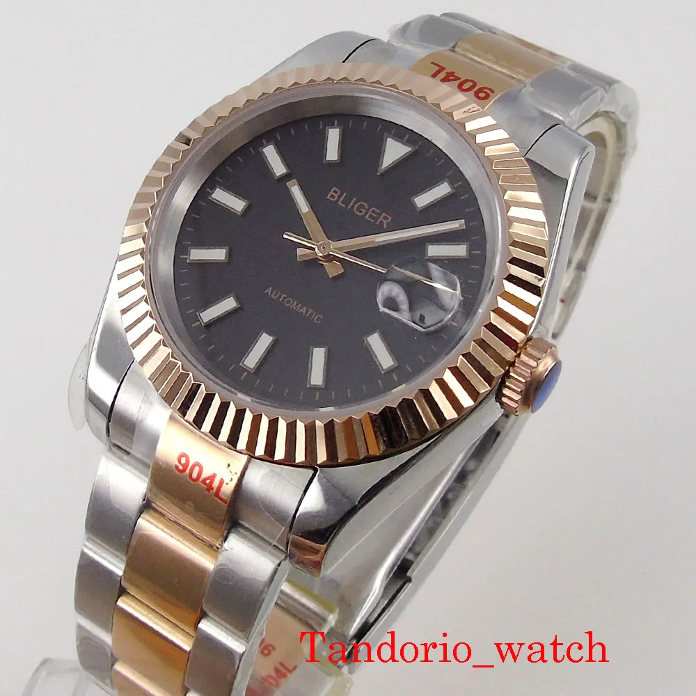 

36mm Two Tone Rose Gold Plated Fluted Bezel Sapphire Glass Calendar Luminous DG MIYOTA 8215 Movement Oyster 904L Bracelet