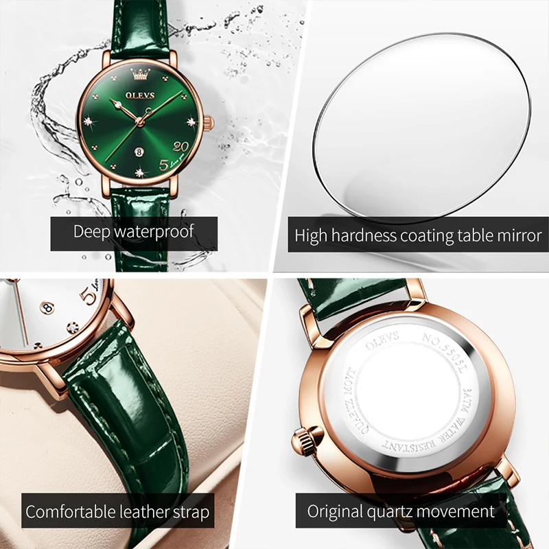 OLEVS 2023 New Quartz Womens Watches Fashion Green Leather Strap Simple Calendar Display Clock Women 30M Waterproof Reloj Hombre
