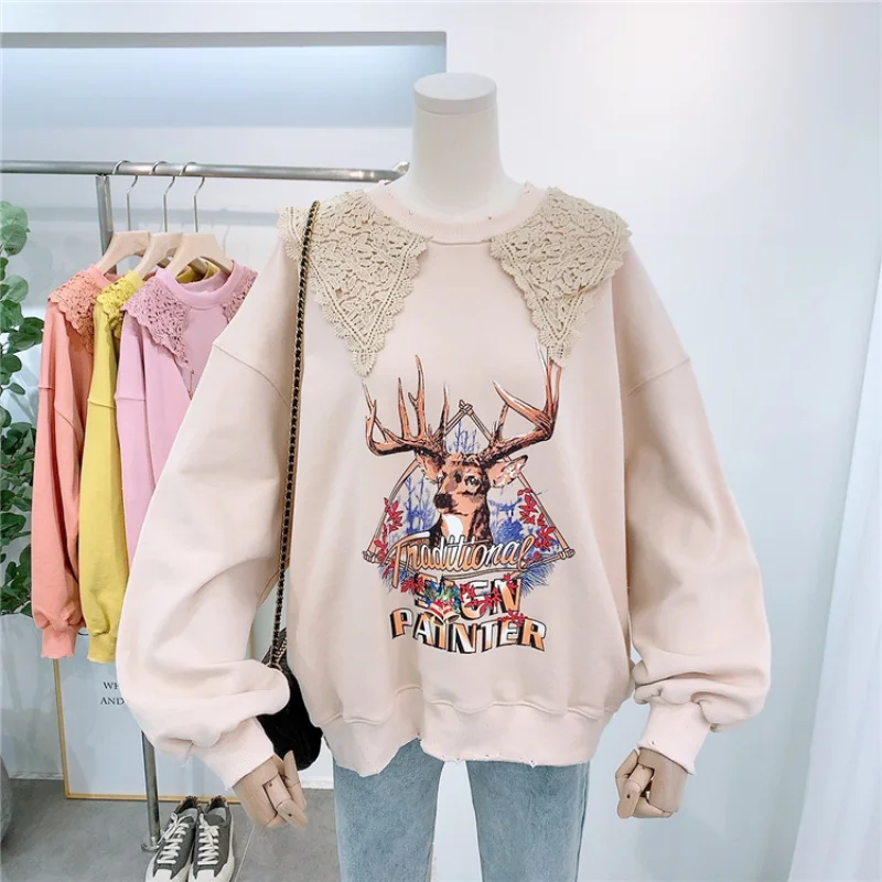 

Hoodies Women Autumn 2021 Cute Fashion Cartoon Elk Print Sweatshirt Oversized Streetwear Lace Sweatshirts E-Gilr Pullover Tops
