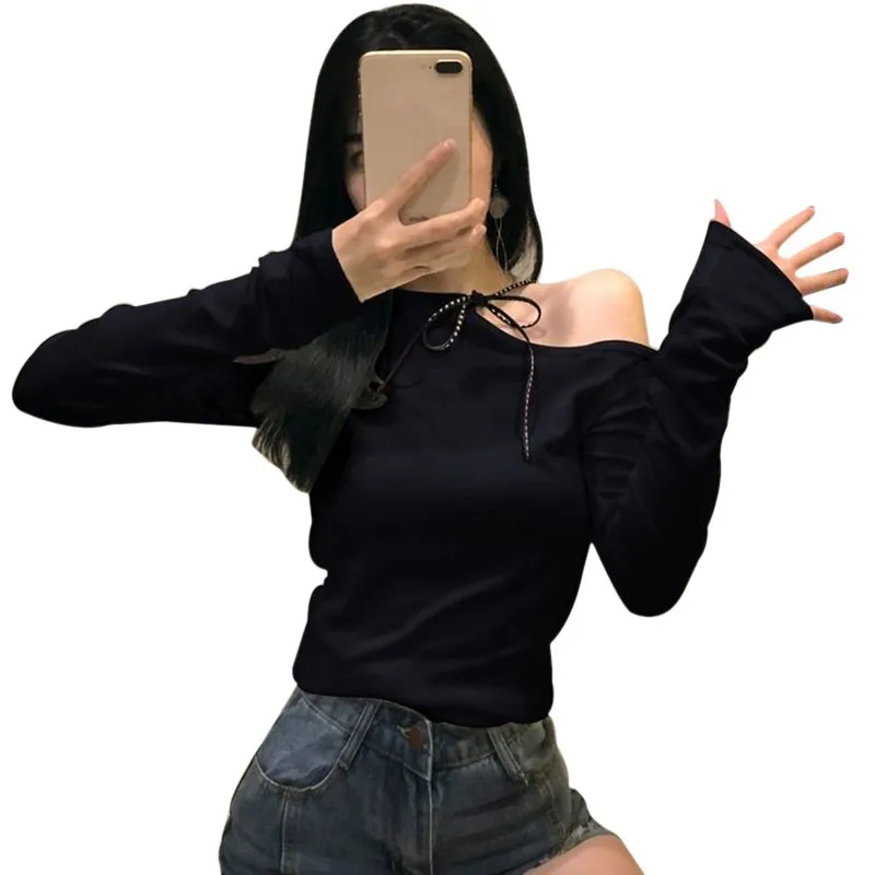 Новая модная белая футболка сексуальный вырез косой воротник плечевой ремень на