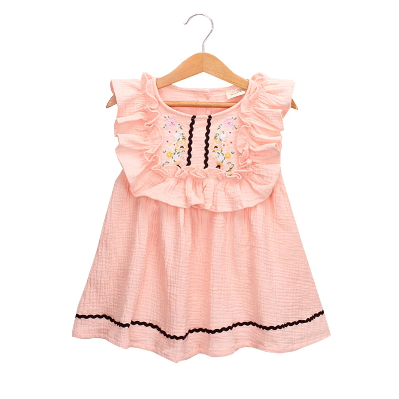 baby girls summer flower embroidery dresses kids ruffle sleeve dress cute cotton linen party frocks toddler vestidos for 2-6 Yrs | Детская