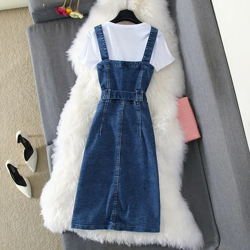 New Fashion Summer Girl Students Simple White T-shirt + Single-breasted Denim Strap Dress Twp-piece Set Women Slim Jeans |