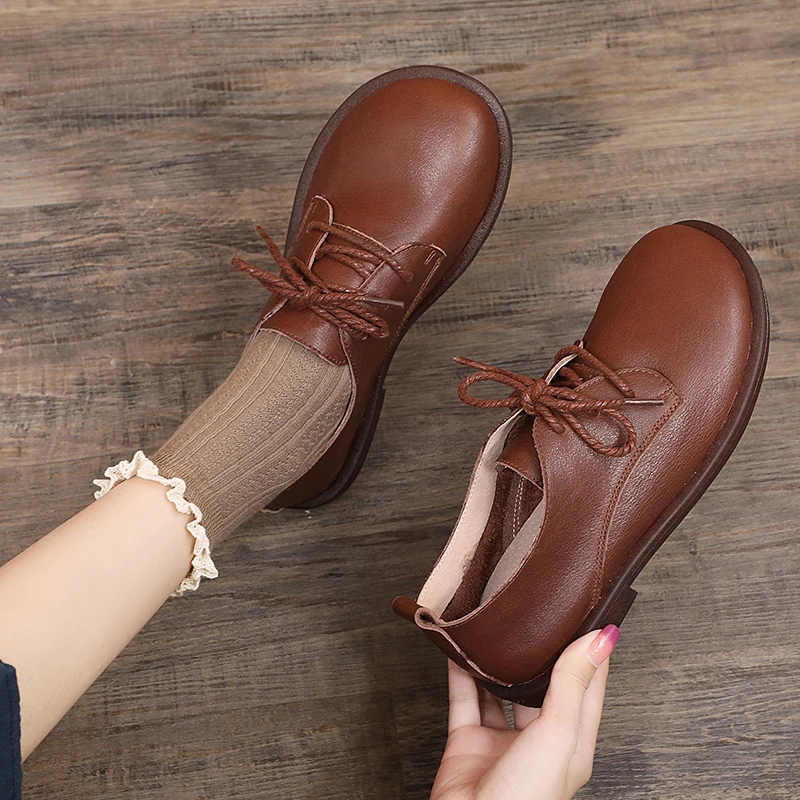 

Women Genuine Leather Shoes 2020 Autumn New Flat Casual Shoes Low-Top Flats Shoes Lace-up Genuine Leather