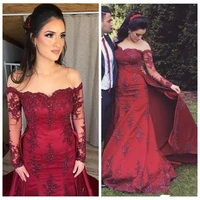 burgundy vintage evening dresses overskirt long sleeves lace appliques beaded mermaid prom dress 2020 saudi arabic formal gowns