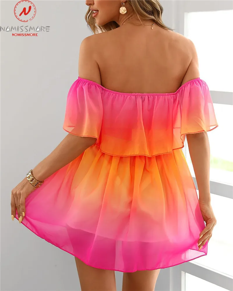 

Women Summer Streetwear A-Line Dress Patchowrk Design Bandage Ruffles Decor Slash Neck Short Sleeve Gradient Print Mini Dress
