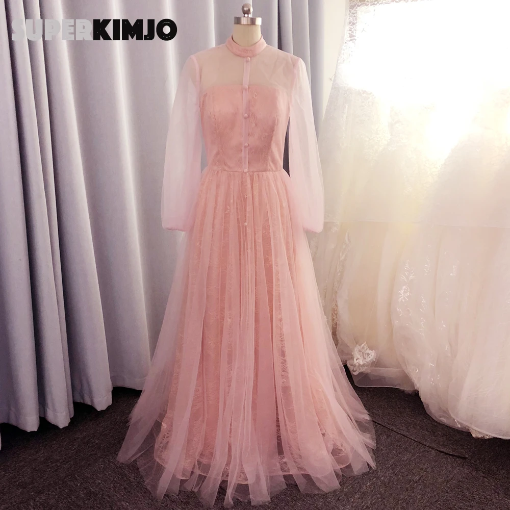 Женское вечернее платье с длинным рукавом dusty розовое кружевное трапециевидной