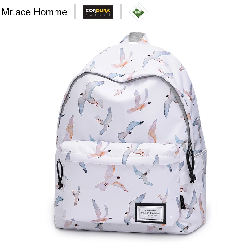 Брендовый белый рюкзак с принтом птицы Женский 14 дюймовый школьный для ноутбука