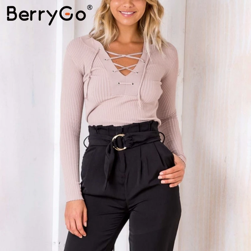 

BerryGo Tie up o neck winter knitted sweater women Autumn pull knit jumper pullover female Casual streetwear pull femme 2017