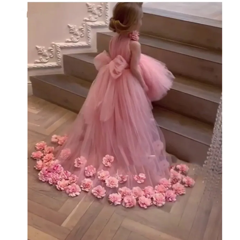 

Pretty 3D Flower Tutu High Low Girls Pageant Dresses High Collar Puffy Tulle Flower Girl Dresses 2019 Communion Dresses Pretty