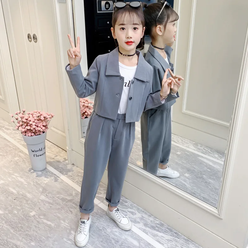 

Куртка и штаны для девочек 6-12 лет, повседневный комплект одежды, однотонный пиджак и брюки, одежда на весну-осень