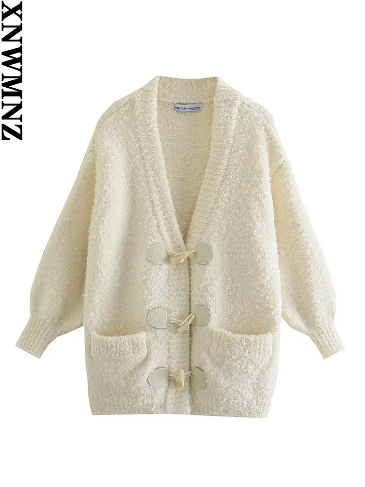

XNWMNZ женский 2021 za Модный с карманами Свободный вязаный кардиган свитер Винтажный Длинный Рукав Рог пуговицы женская верхняя одежда шикарные...
