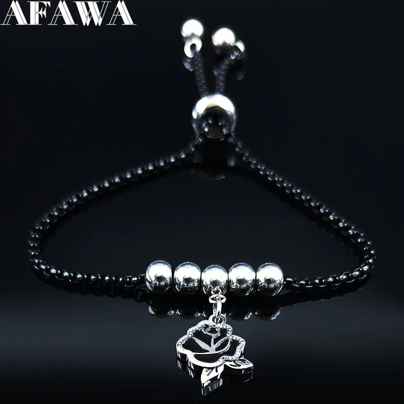 2021 Модный женский браслет из нержавеющей стали с цветком розы черные и