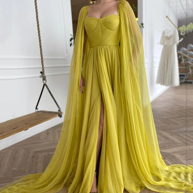 

A-Line Prom Dress Sweetheart Long Shwal Sleeves Chiffon Celebrate Dress Pleated Draped Saudi Arabia Evening Dress Customize