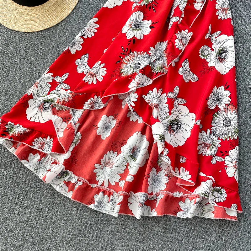 

Bohemian Vacation Beach Irregular Dress Women Sexy Slash Neck Short Sleeve High Waist Ruffle Vestidos Female 2021 Spring Summer