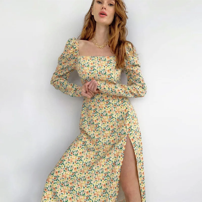 

Bohemian Dress Y2k Fanshion Dress Pastoral Small Floral Print Long Sleeve High Slit Dress Youth Sweet Dresses for Women Party