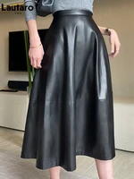 lautaro autumn high waisted long leather skirt women with button a line black midi soft light faux leather skirts for women 2021