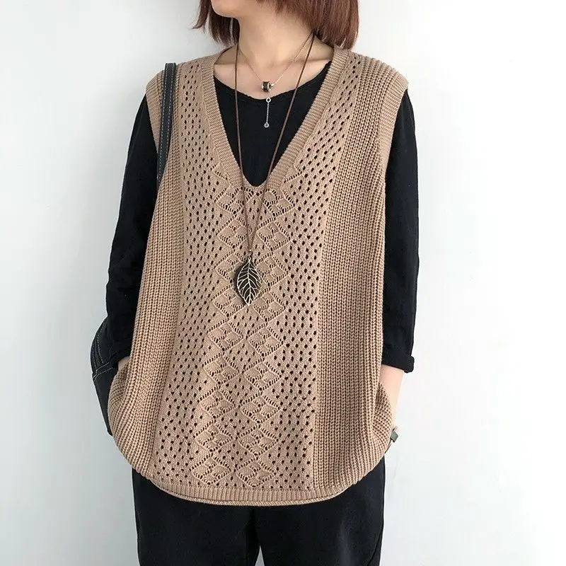

Knitted Waistcoat Women's Vest Thin Loose Large Size Hollow Out Sleeve Less with V-neck Shoulder Retro Jacket