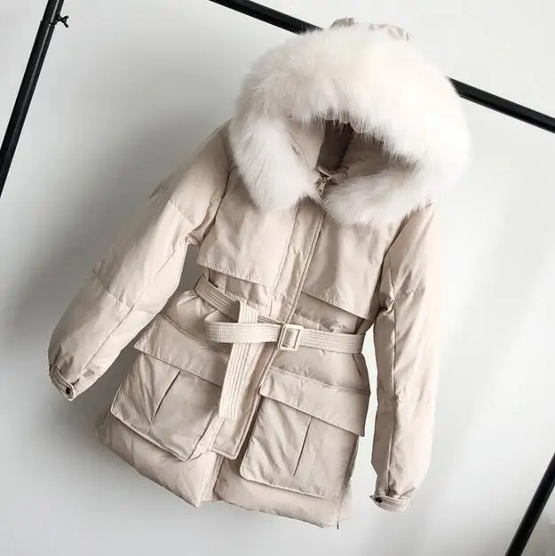 beige Настоящий воротник из натурального меха зимние женские тонкие куртки 90% белый пуховик с капюшоном Длинные пуховики женские толстые пиджаки - Цвет: beige