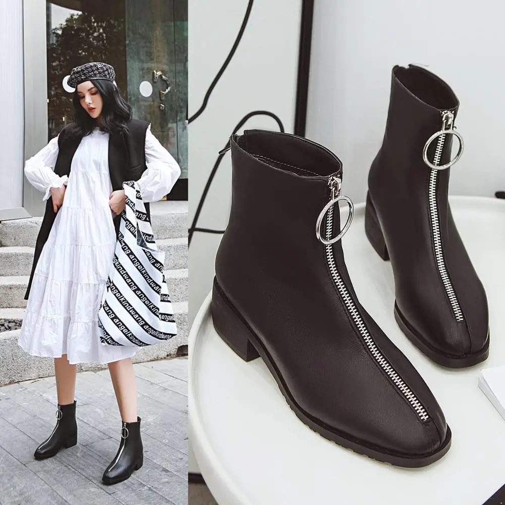 Женские ботинки на молнии спереди однотонные из искусственной кожи с квадратным