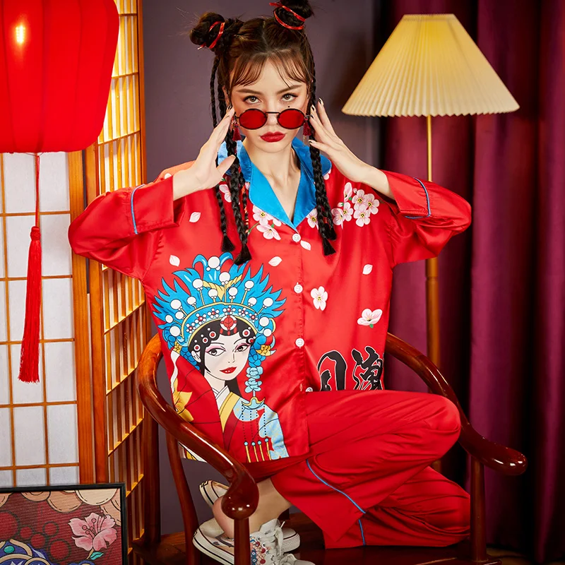 Summer Pajamas Women Sleepwear Chinoiserie Snow and Ice Silk Princess Style Spring Plus Size Pajama Set The Tide High Quality