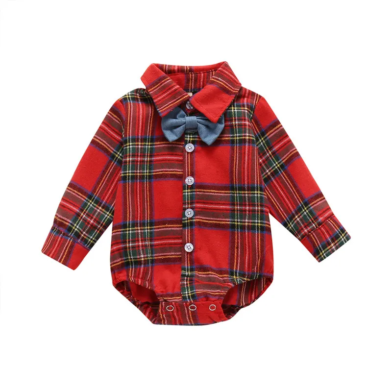 

Newborn Baby Boy Rompers Jumpsuit Bow Tie Red Plaid Print Long Sleeve Gentleman Suit Autumn Xmas Outfits