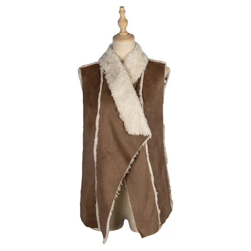 

Womens Lapel Vest Waistcoat Outwear Tops Winter Fleece Lined Faux Suede Jacket