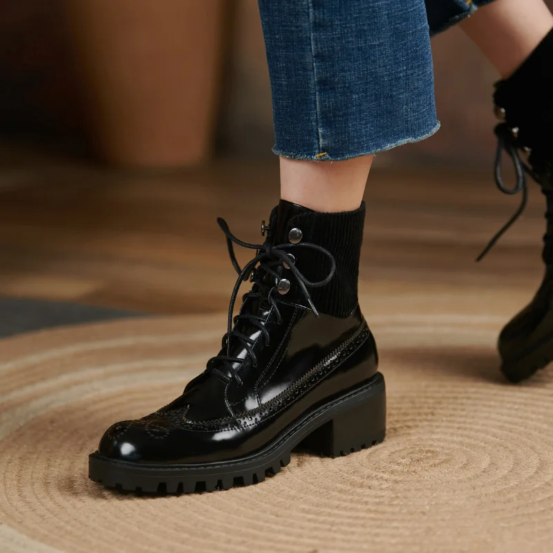 Beli Sepatu Bot Pergelangan Kaki Berenda Wanita Musim Gugur Musim Dingin 2021 Sepatu Kasual Wanita Baru Modis Hak Tinggi Kulit Asli