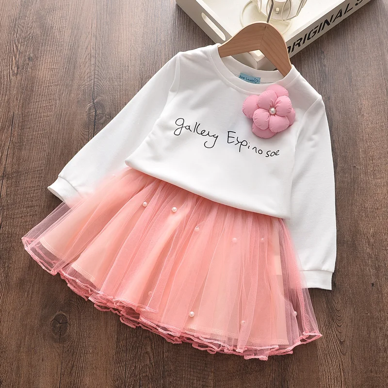 

Menoea 2-7y Girls Autumn Dress 2020 Princess Style Children Pink Wool Flower patch Dress Bow Kids Mesh Clothes Party Dresses