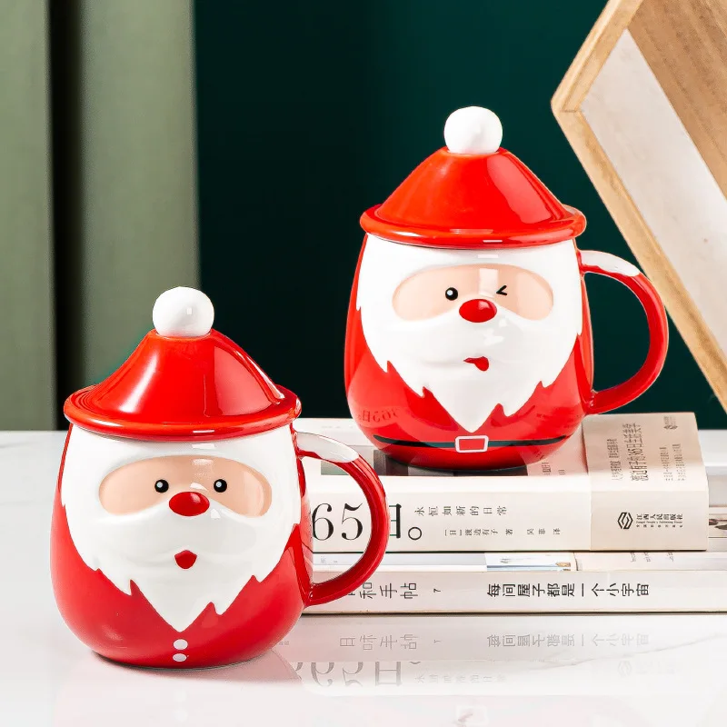 

Рождественский подарок, керамическая кофейная кружка с крышкой, кружки с Санта-Клаусом, креативная посуда для напитков, чашка для кофе и мол...